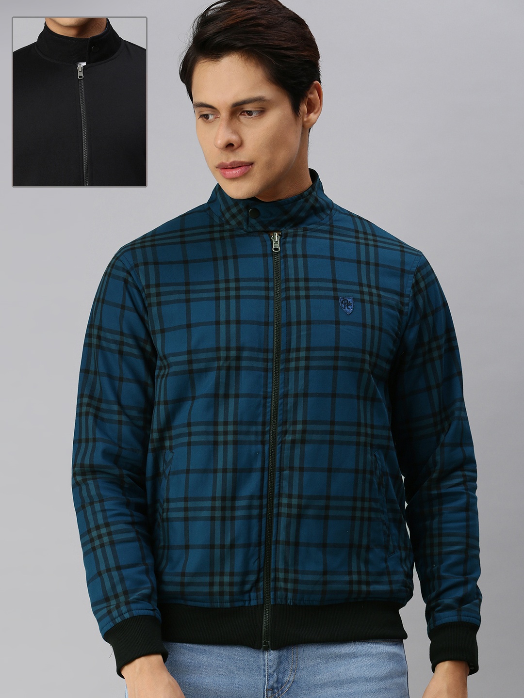 

Roadster Men Blue & Black Checked Reversible Bomber Jacket