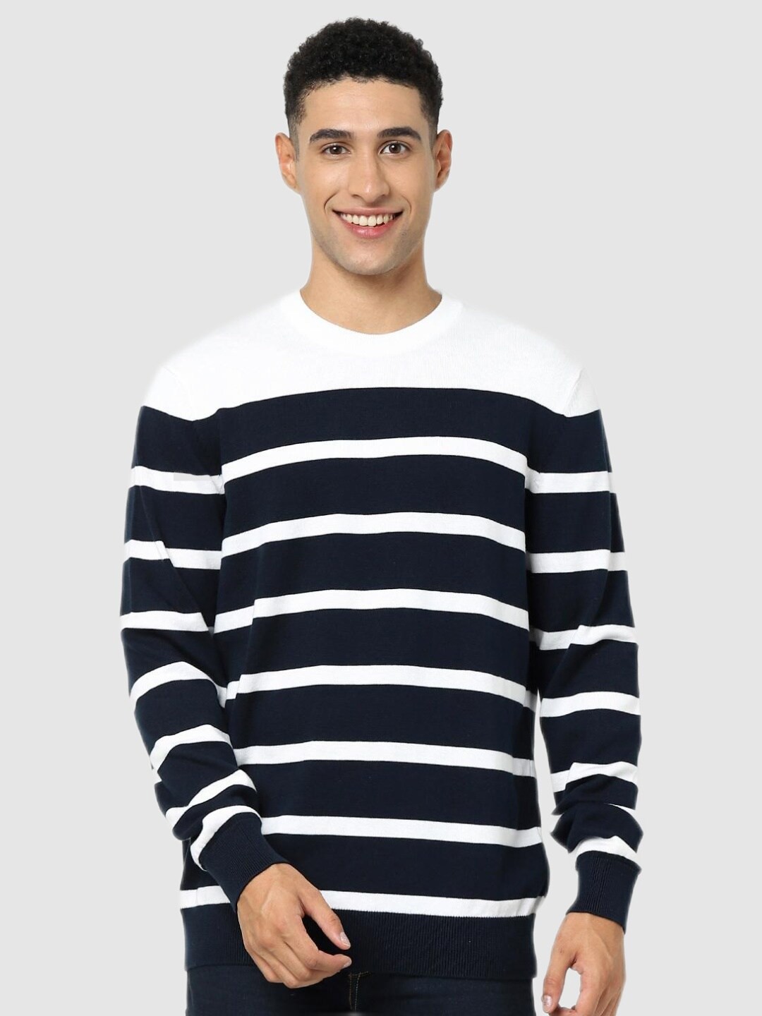 

Celio Men Navy Blue & White Striped Pullover