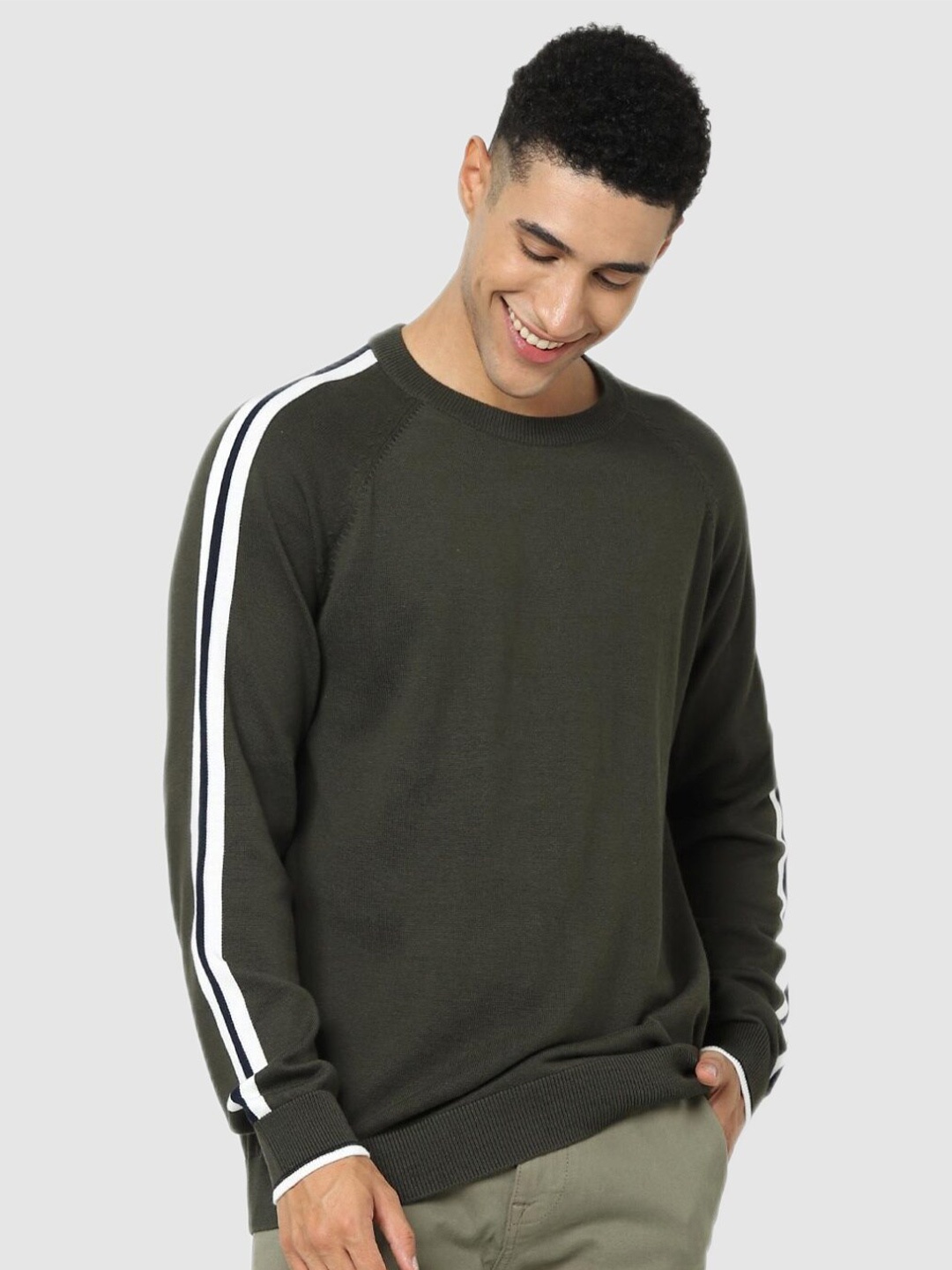 

Celio Men Olive Green & White Striped Pullover