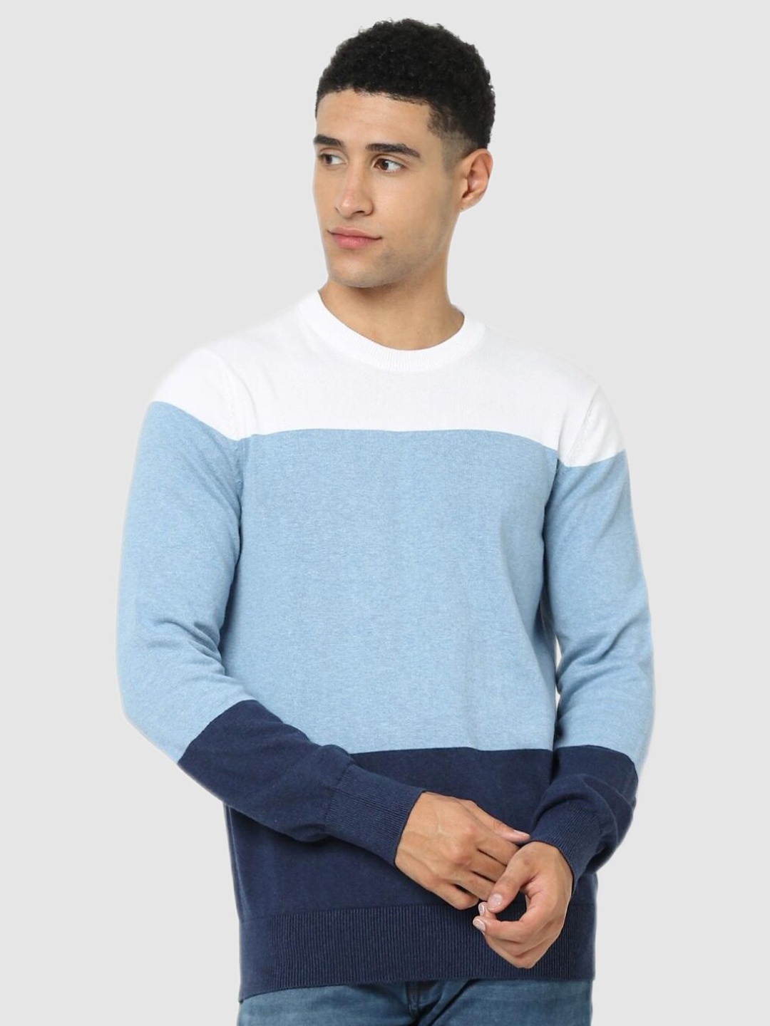 

Celio Men Blue & White Colourblocked Pullover