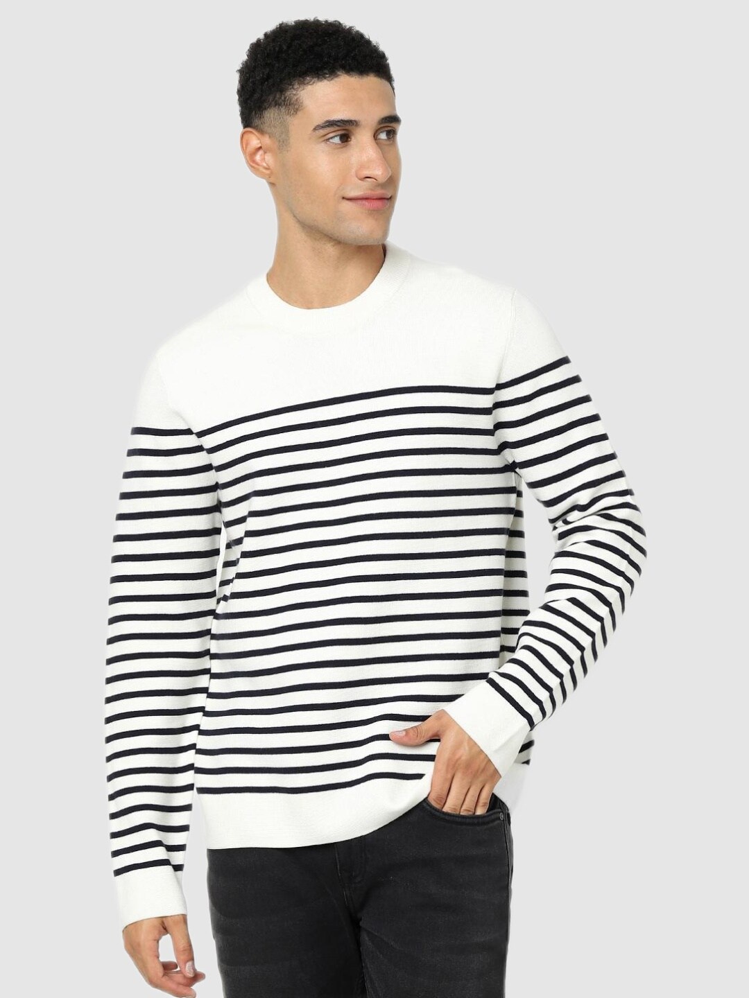 

Celio Men White & Black Striped Pullover