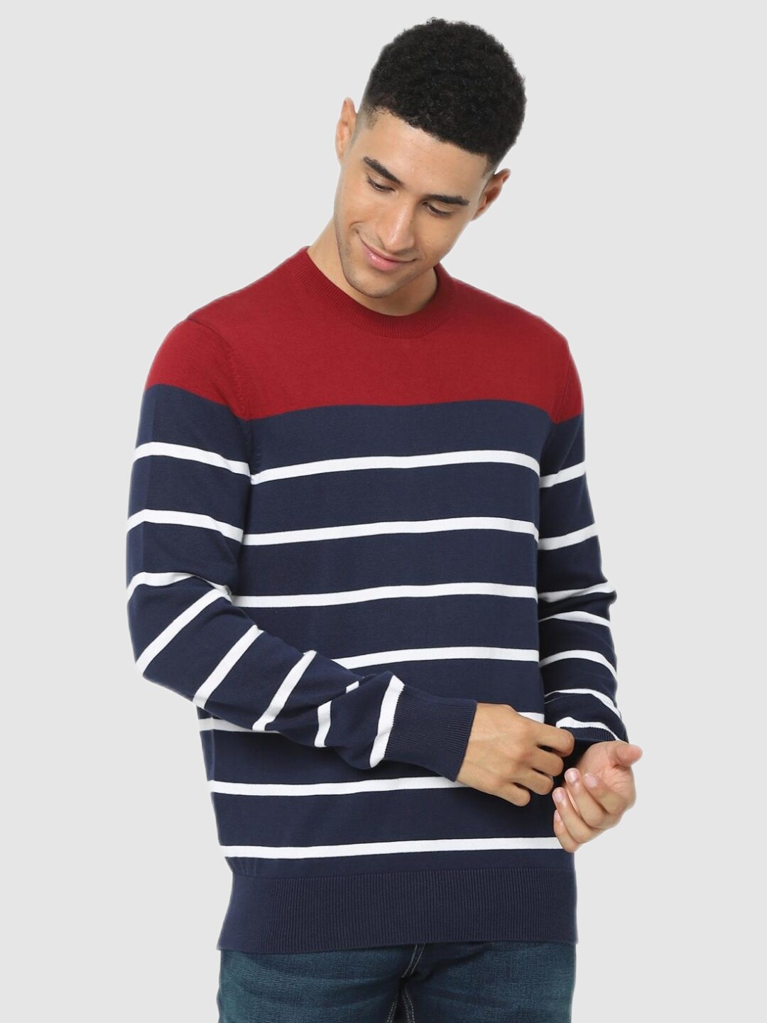 

Celio Men Navy Blue & Maroon Striped Sweater