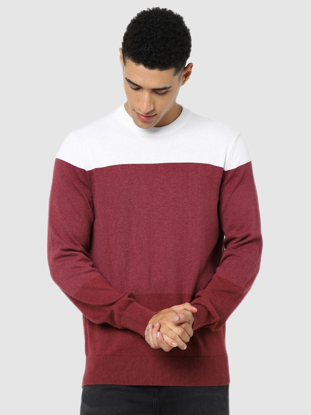 

Celio Men Maroon & White Colourblocked Pullover