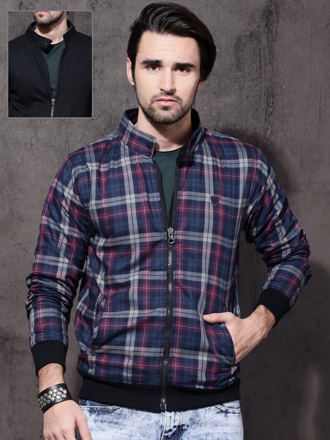 

Roadster Men Blue & Burgundy Checked Reversible Bomber Jacket