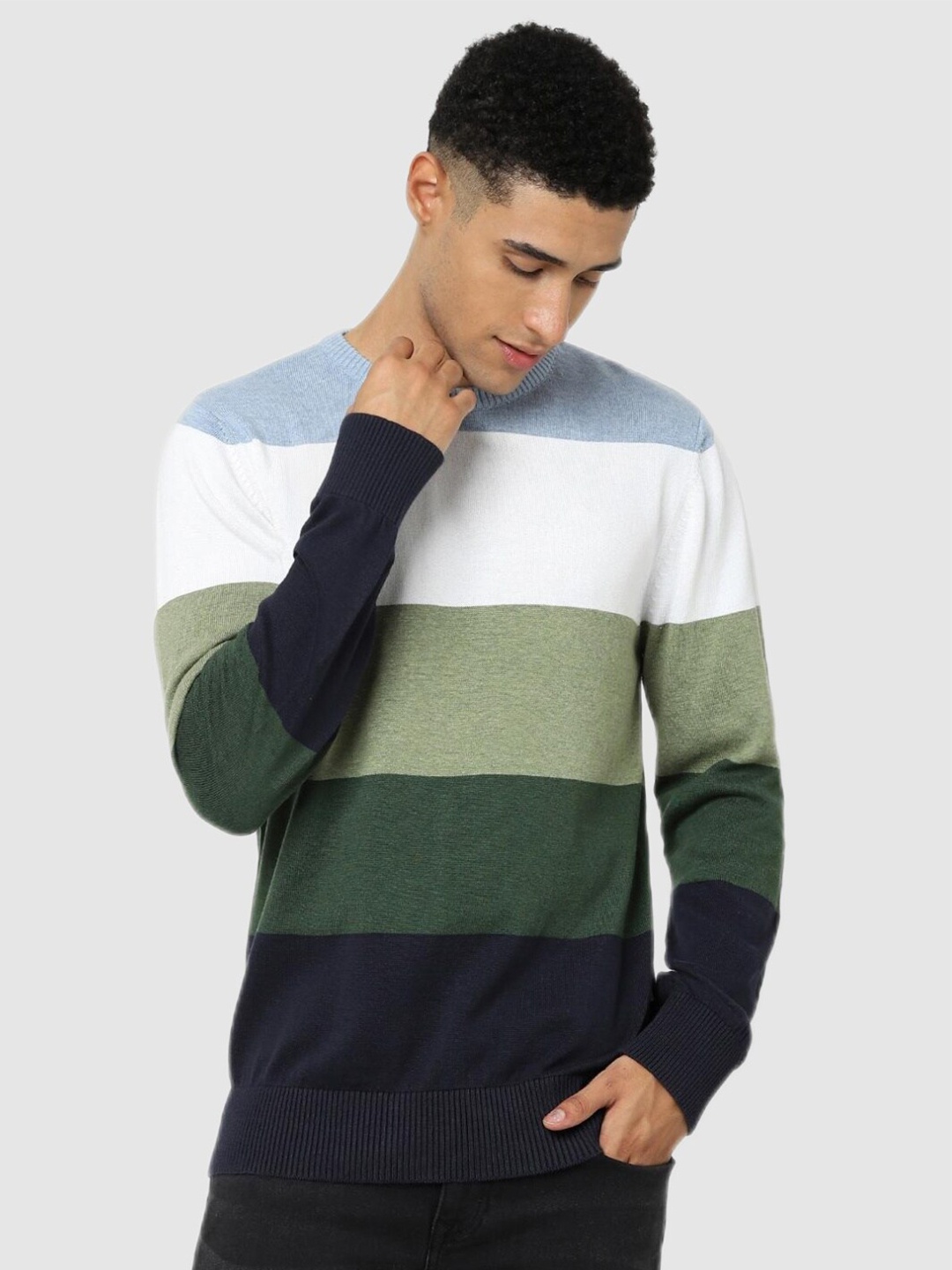 

Celio Men Green & White Colourblocked Pullover