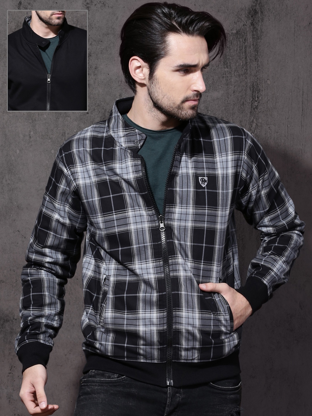 

Roadster Men Black & Grey Checked Reversible Tailored Jacket