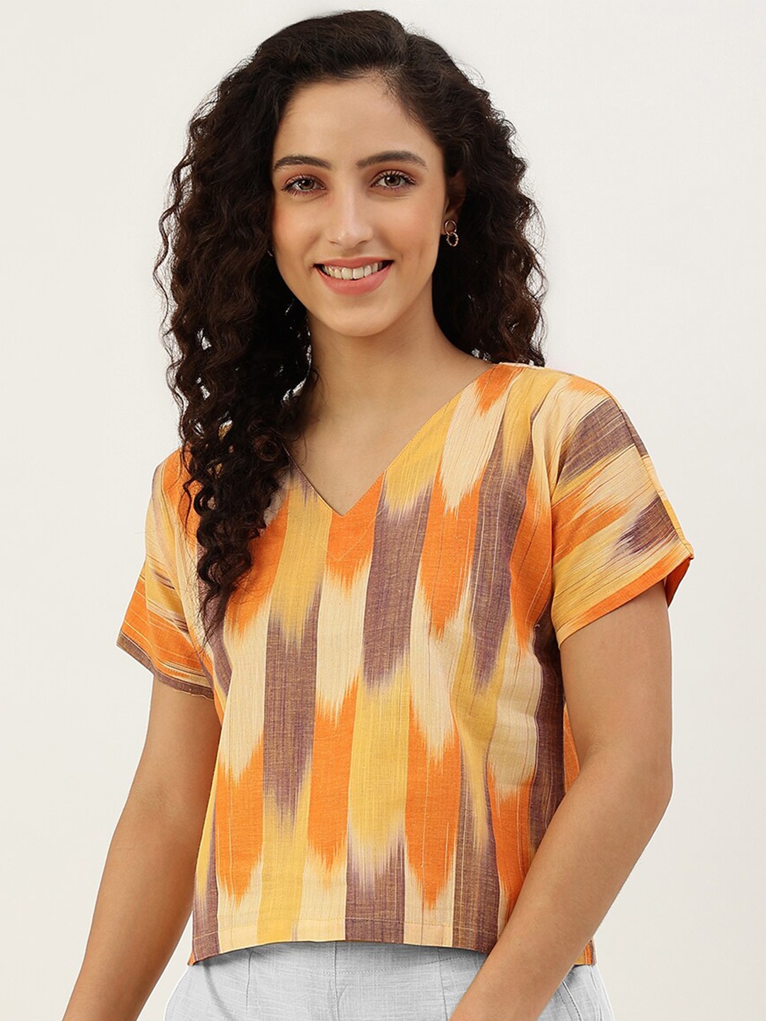 

Lokatita Women Yellow & Orange Ikat Pure Cotton Top