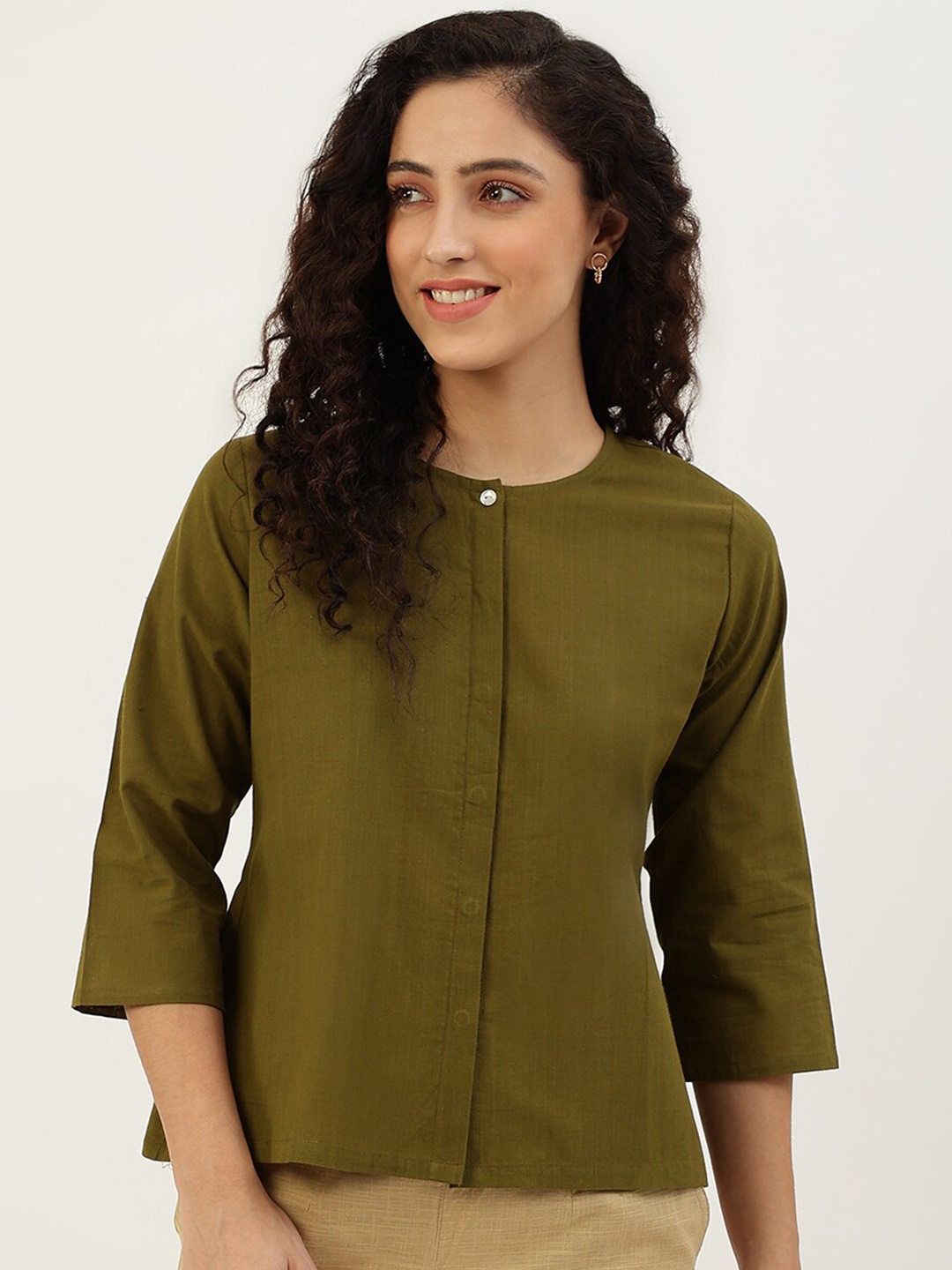 

Lokatita Olive Women solid Green Top with 3 quarter sleeves