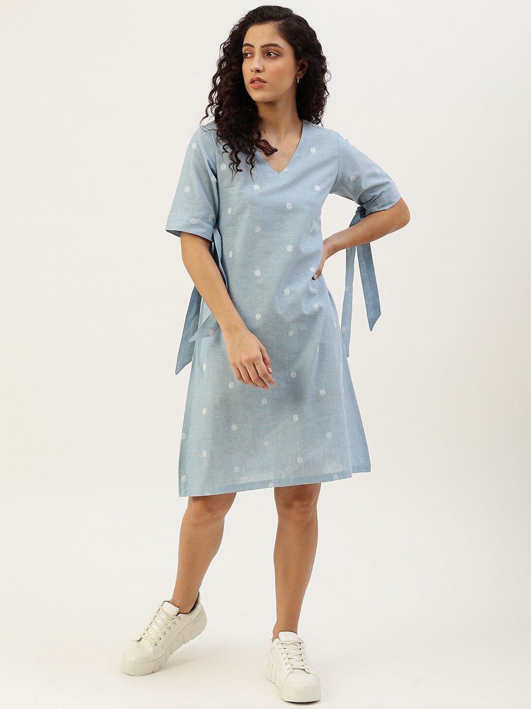 

Lokatita Blue Polka Dots Printed A-Line Dress