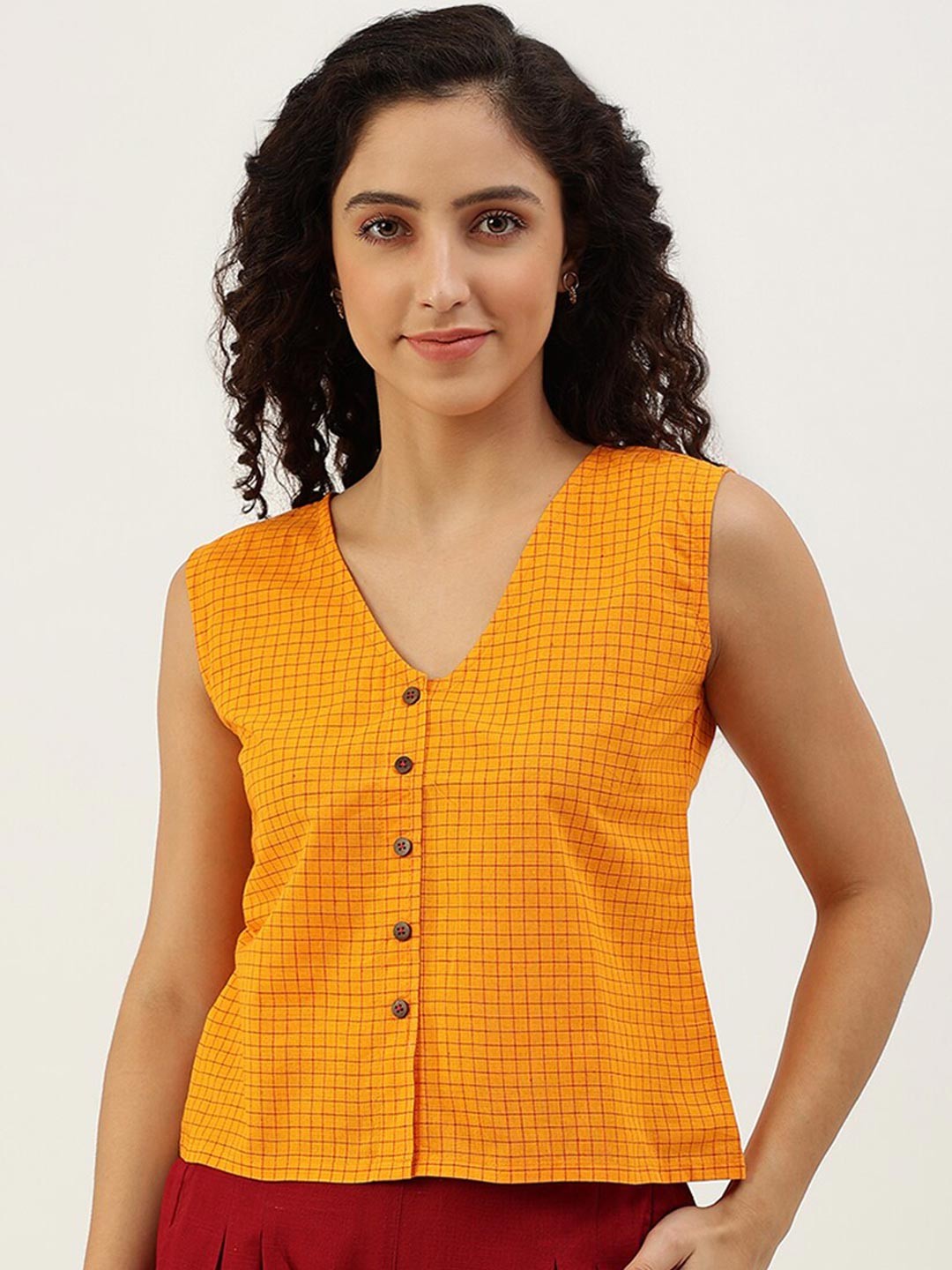 

Lokatita Mustard Yellow & Maroon Checked Pure Cotton Regular Top