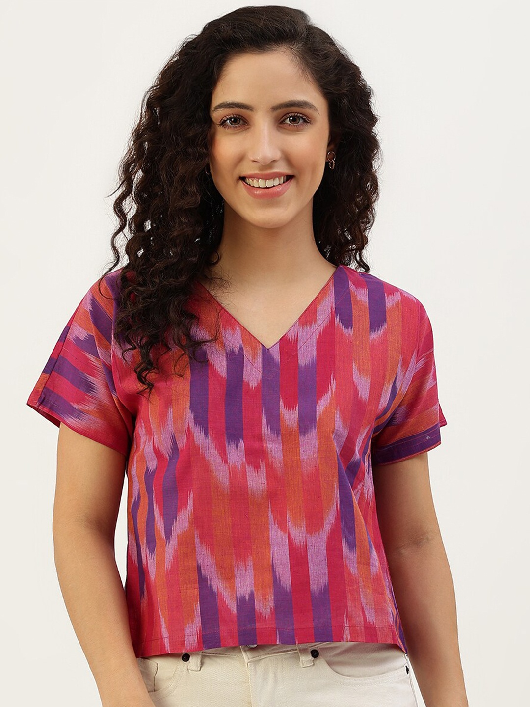 

Lokatita Purple & Orange Ikat Pure Cotton Crop Top