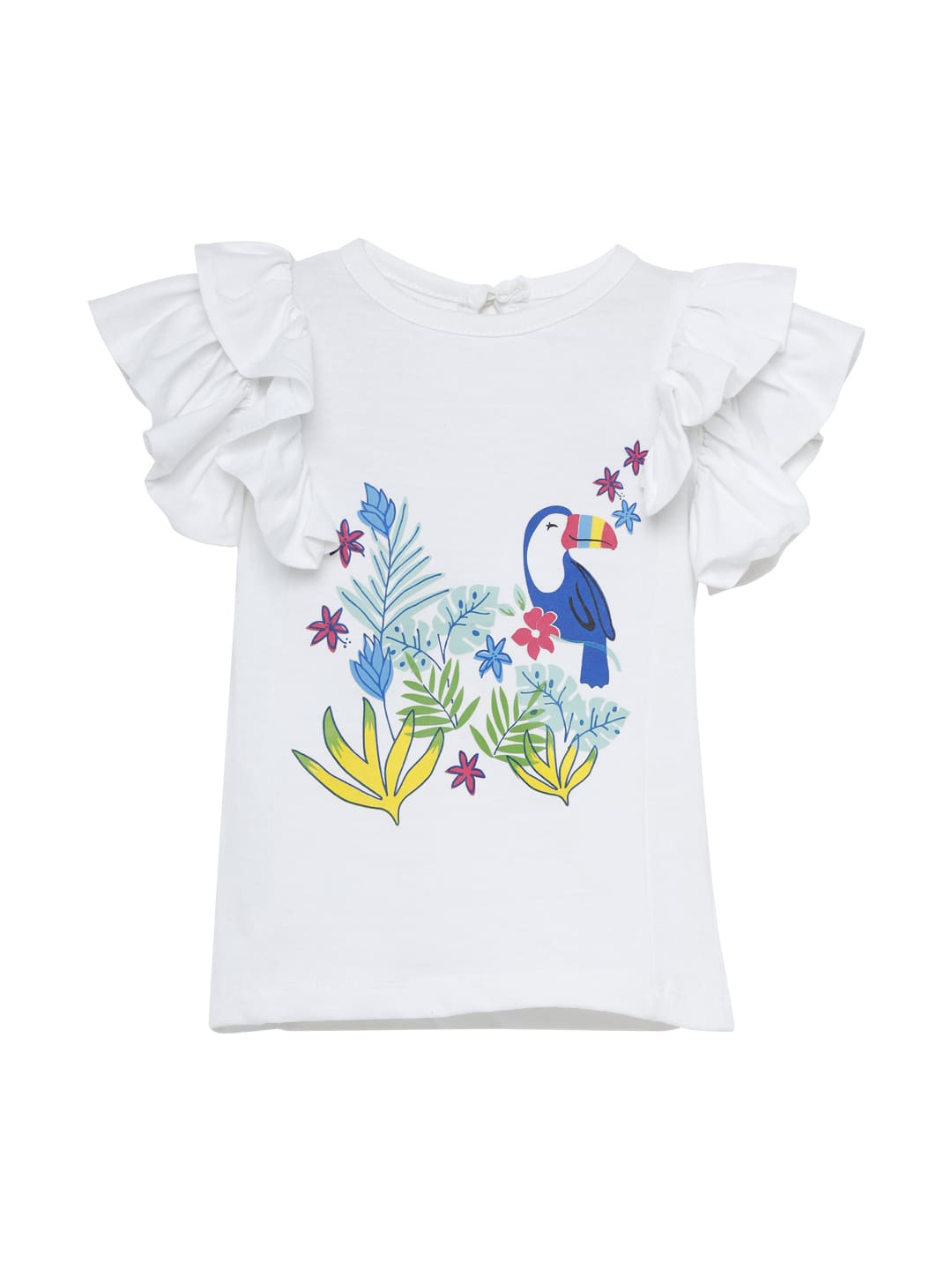 

UNDER FOURTEEN ONLY Girls White & Blue Print Keyhole Neck Ruffles Pure Cotton Top
