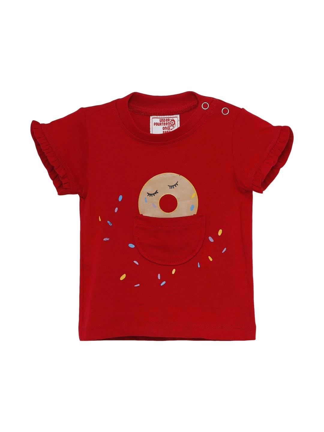 

UNDER FOURTEEN ONLY Girls Red Graphic Print Top with Patch Pocket