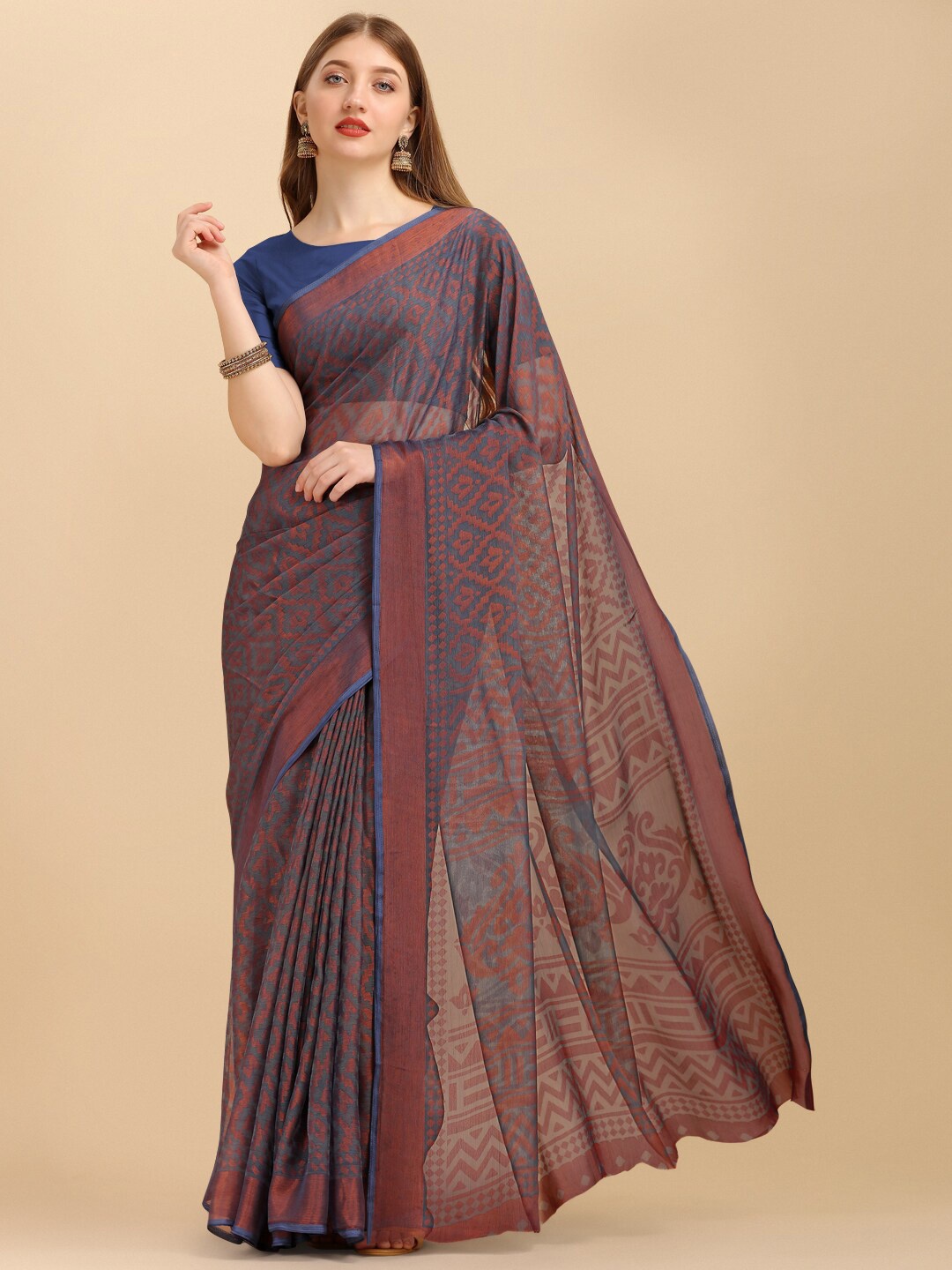 

Sangria Brown & Grey Ethnic Motifs Brasso Saree