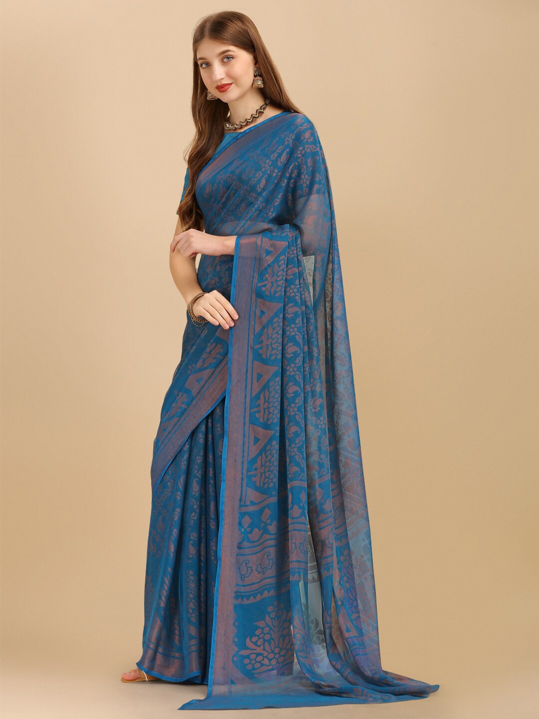 

Sangria Blue & Brown Ethnic Motifs Printed Brasso Saree