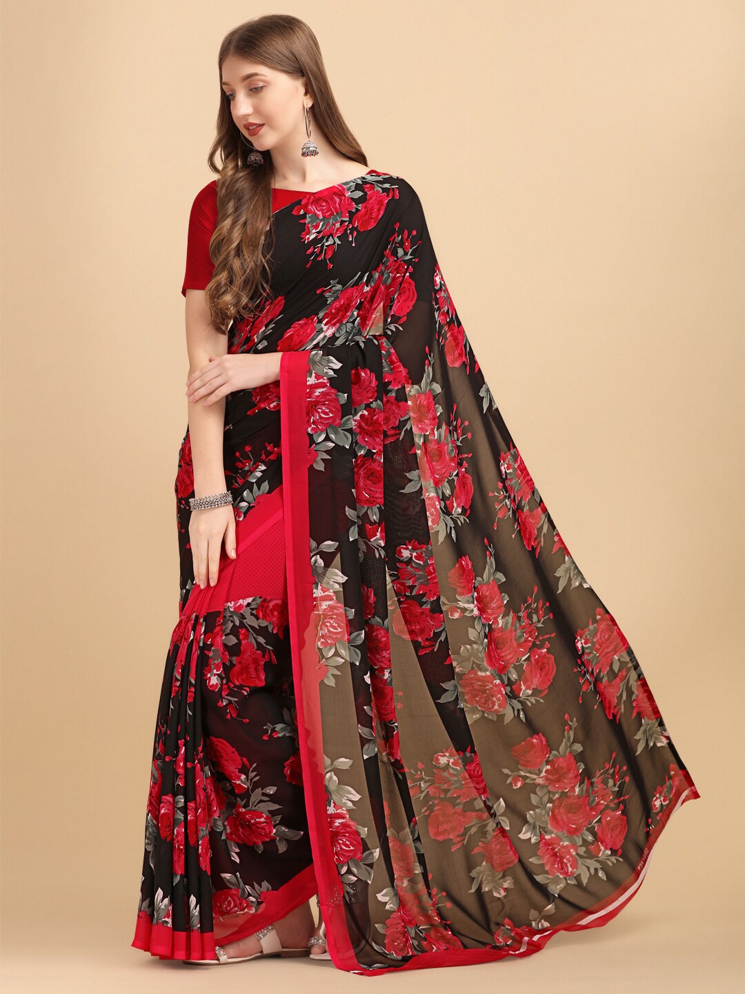 

Sangria Black & Red Floral Saree