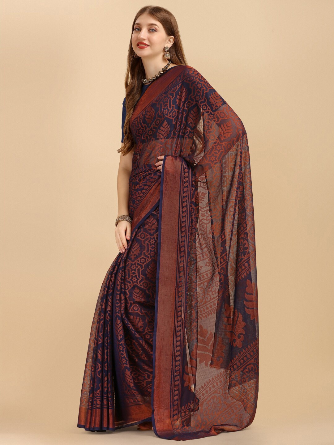 

Sangria Navy Blue & Rust Ethnic Motifs Brasso Saree