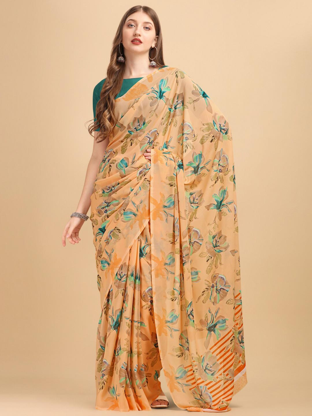 

Sangria Orange & Turquoise Blue Floral Saree