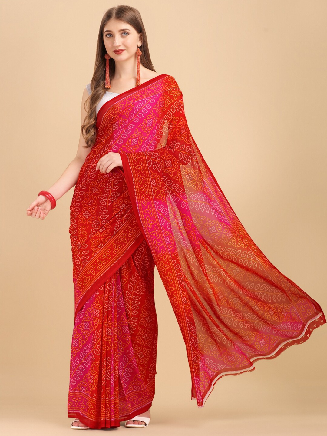 

Sangria Women Pink & Red Georgette Bandhani Saree