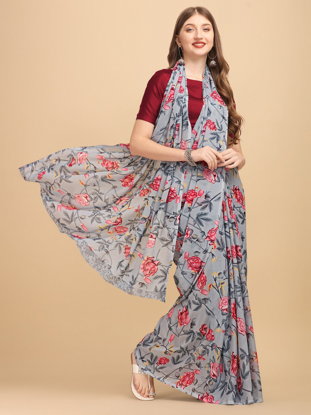 

Sangria Grey & Red Floral Georgette Saree
