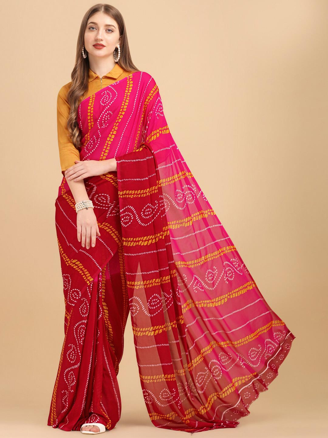 

Sangria Pink & Red Bandhani Saree