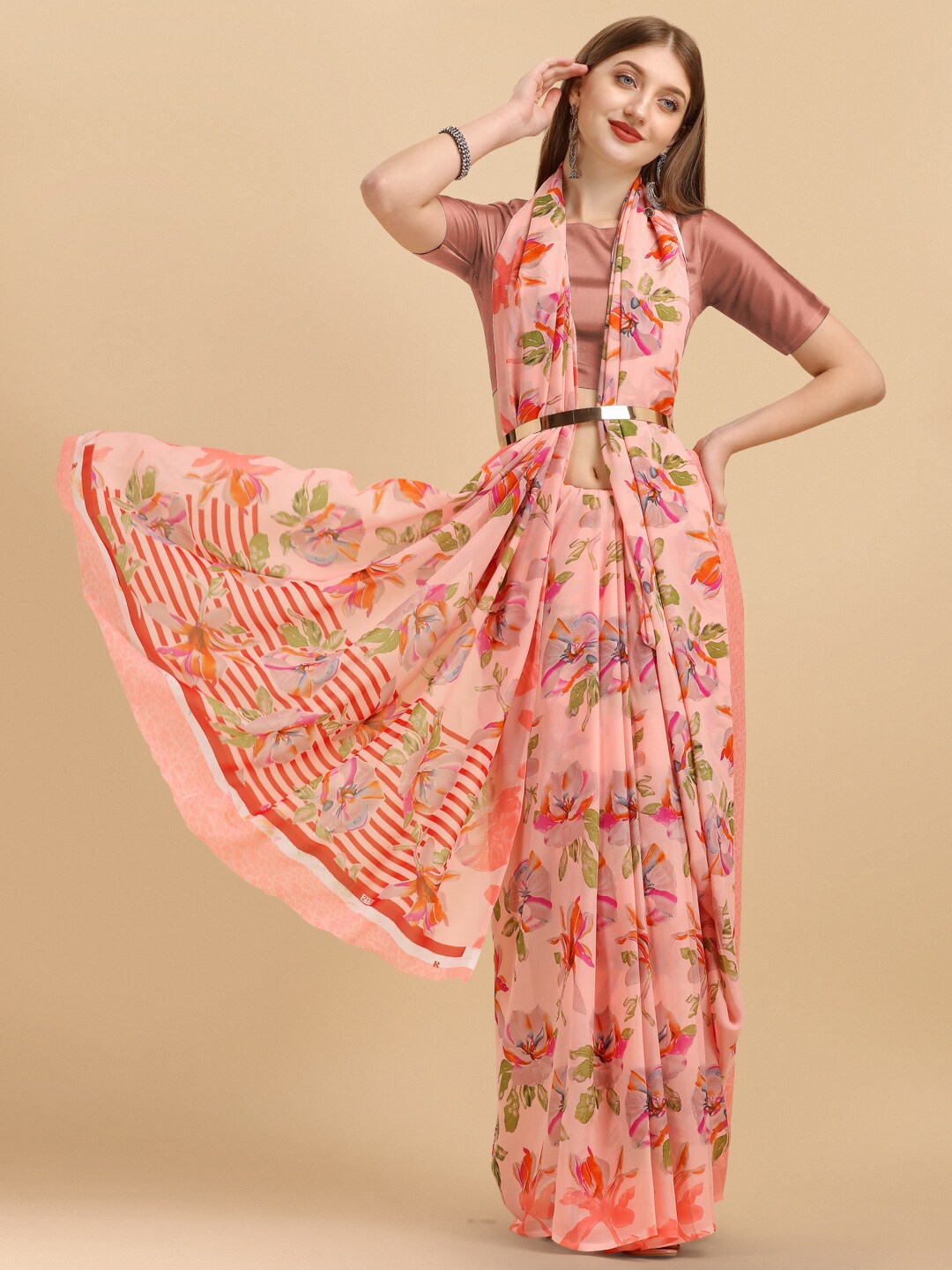 

Sangria Peach-Coloured & Green Floral Saree