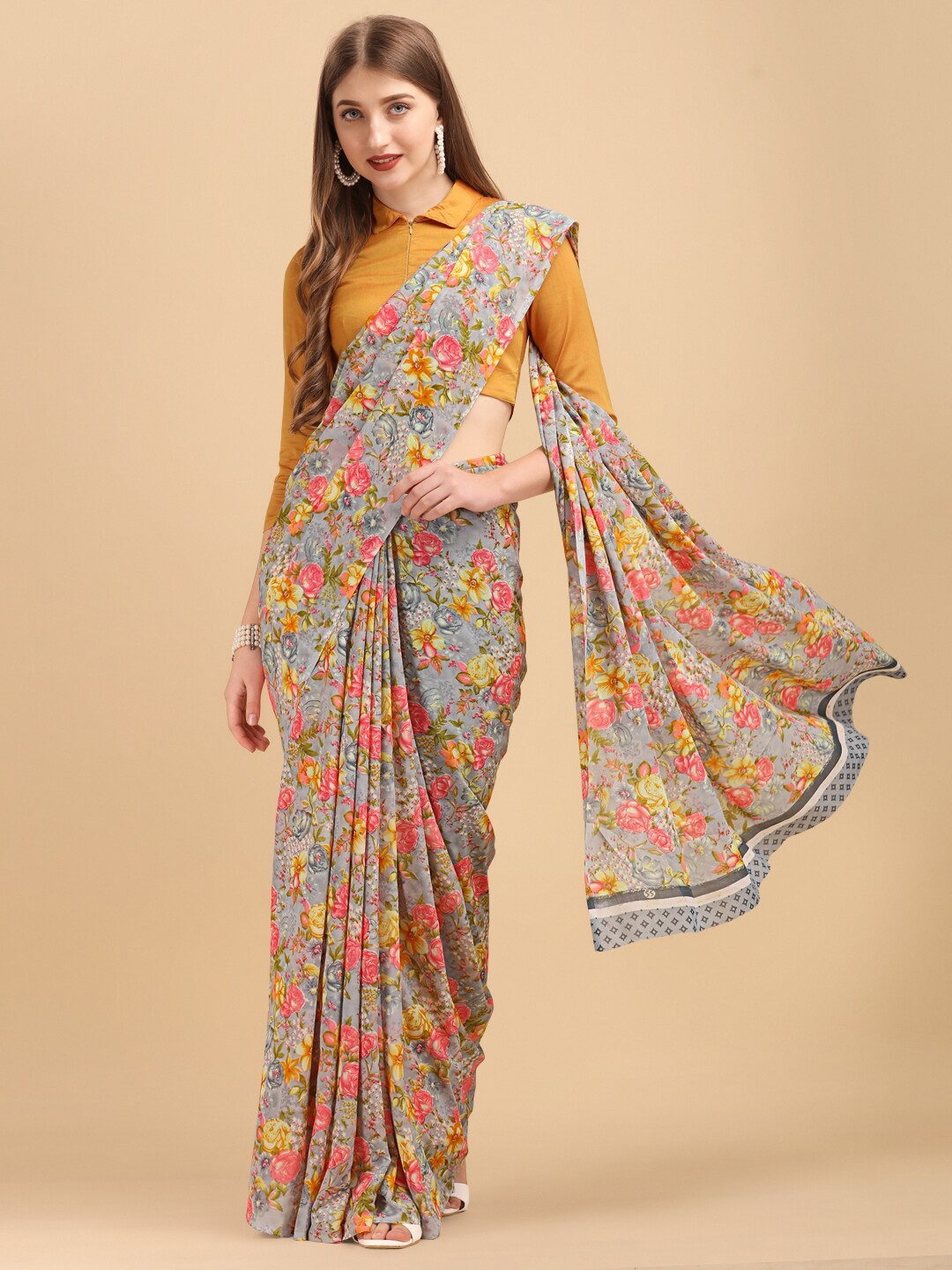 

Sangria Grey & Red Floral Saree