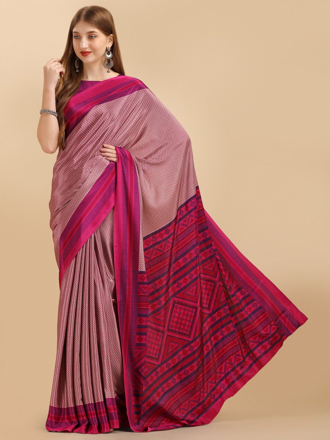 

Sangria Pink & Blue Geometric Print Saree