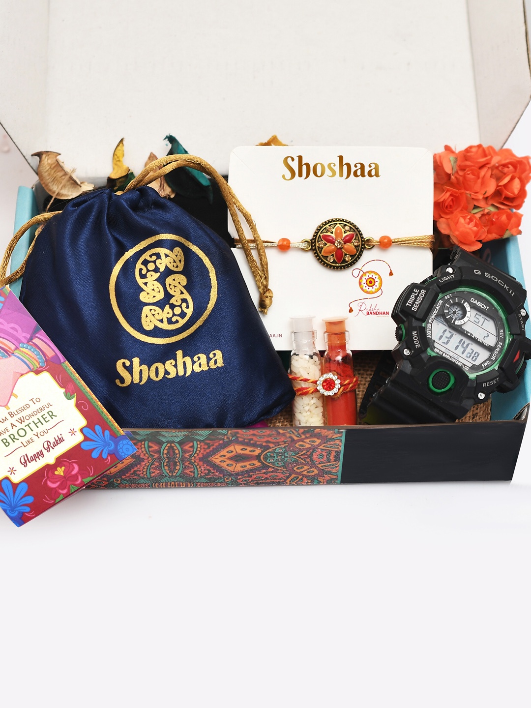 

Shoshaa Men Black,Red & Gold Coloured Rakhi With Watch Gift Set & Roli and Chawal