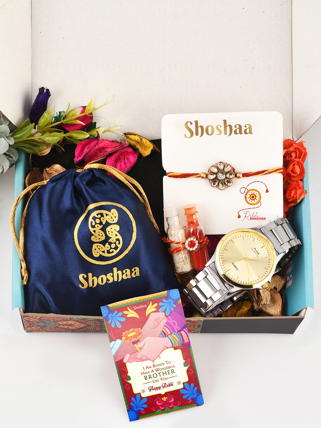 

Shoshaa Men Gold Coloured & Red Rakhi With Watch Gift Set & Roli and Chawal