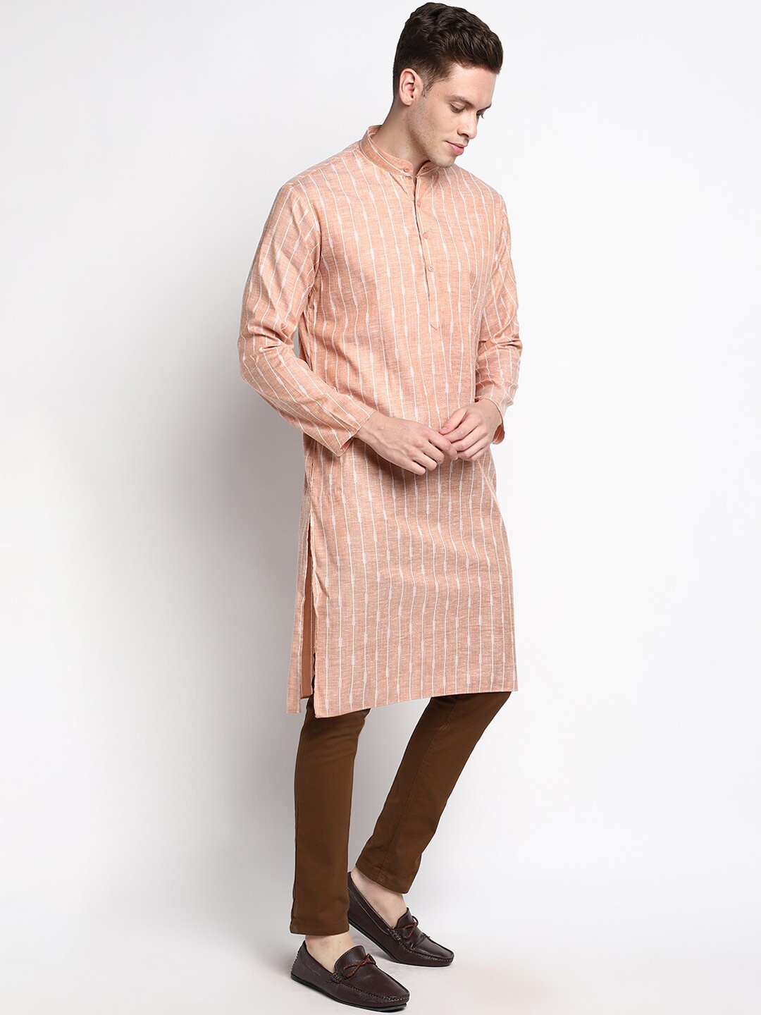 

DEVOILER Men Peach-Coloured Striped Pathani Fine Cotton Kurta