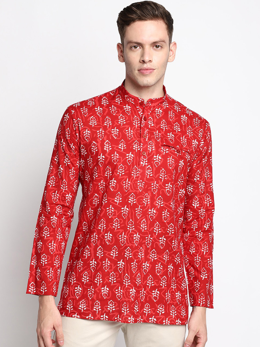 

DEVOILER Men Red Ethnic Motifs Block Printed Cotton Kurta