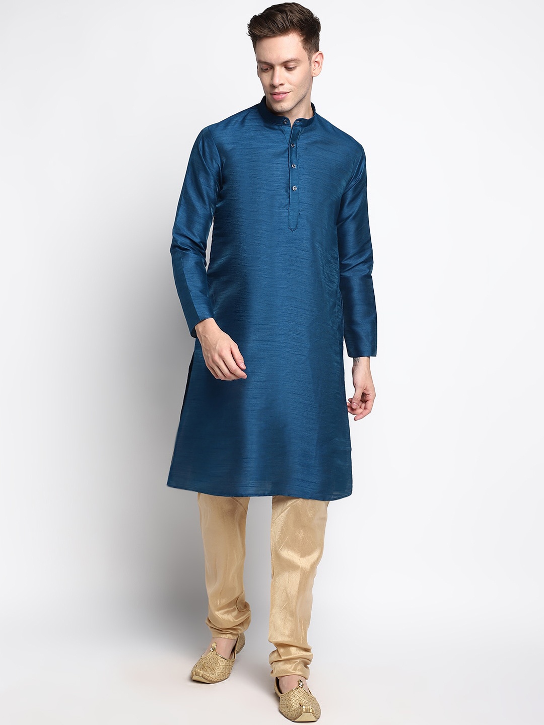 

DEVOILER Men Navy Blue Solid Silk Kurta