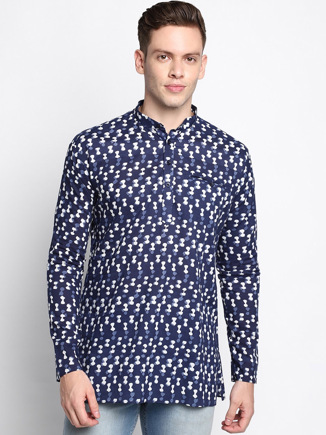 

DEVOILER Men Navy Blue Block Printed Cotton Kurta