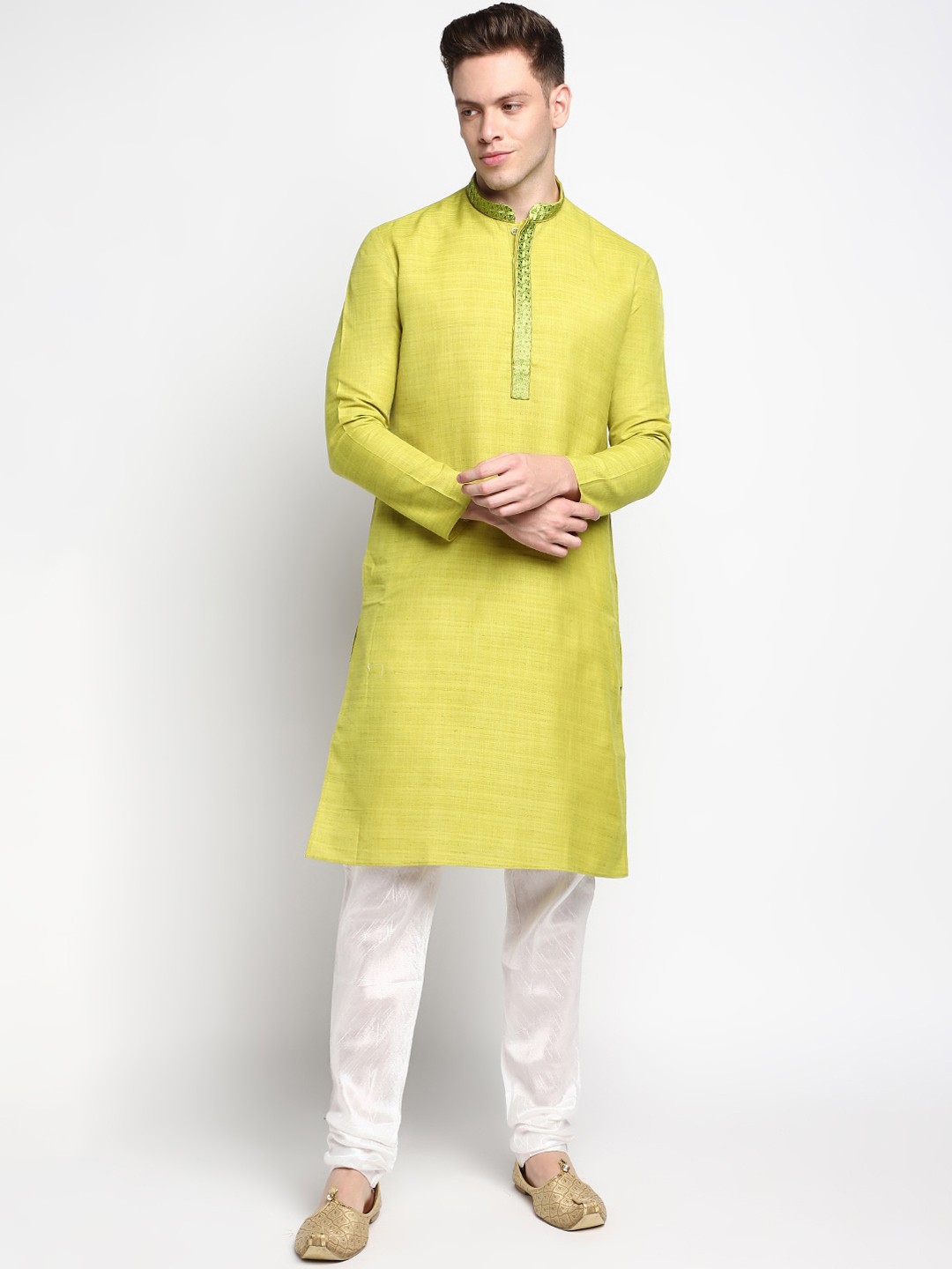 

DEVOILER Men Green Solid Cotton Kurta
