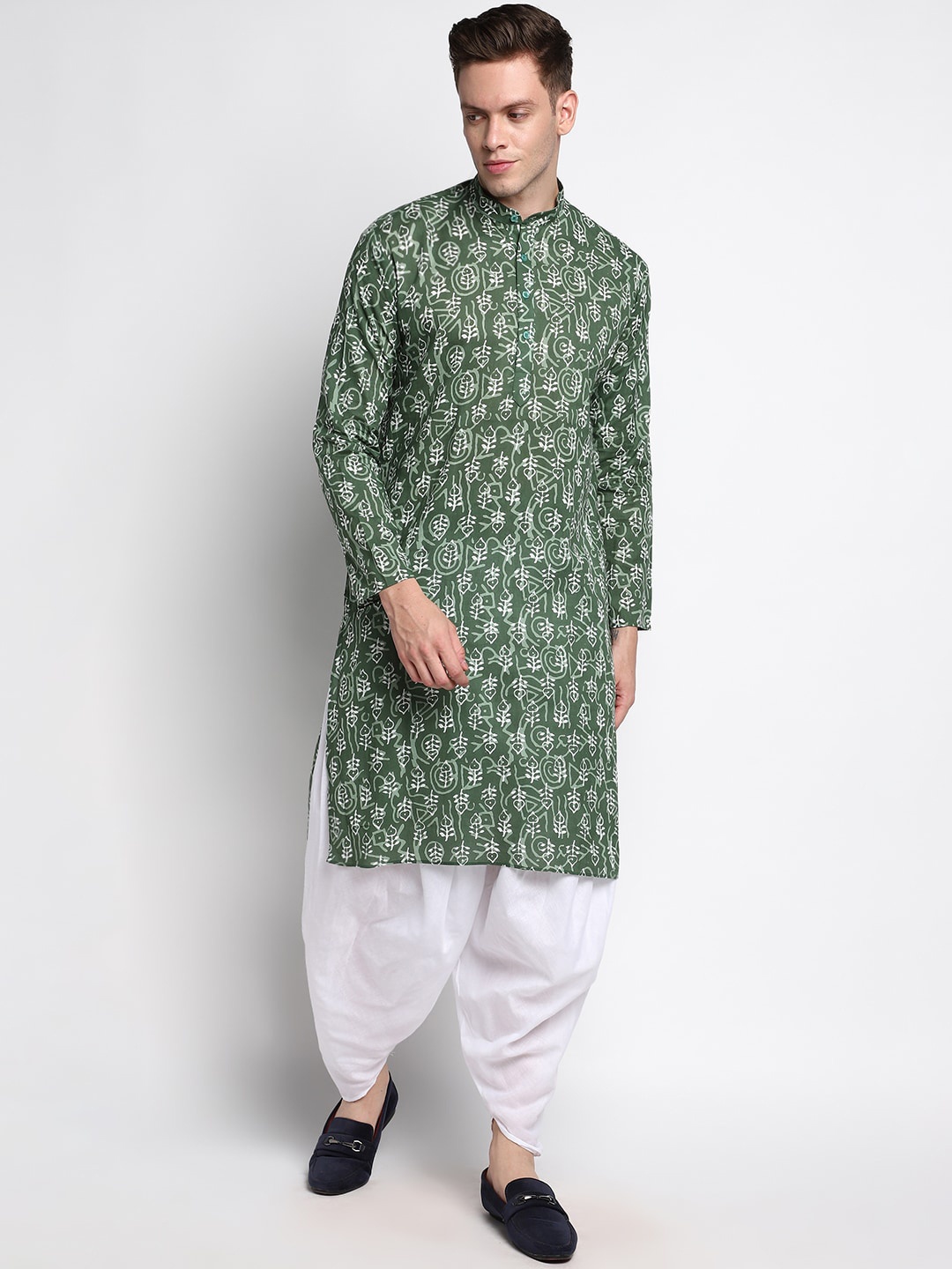 

DEVOILER Men Green Block Printed Cotton Kurta