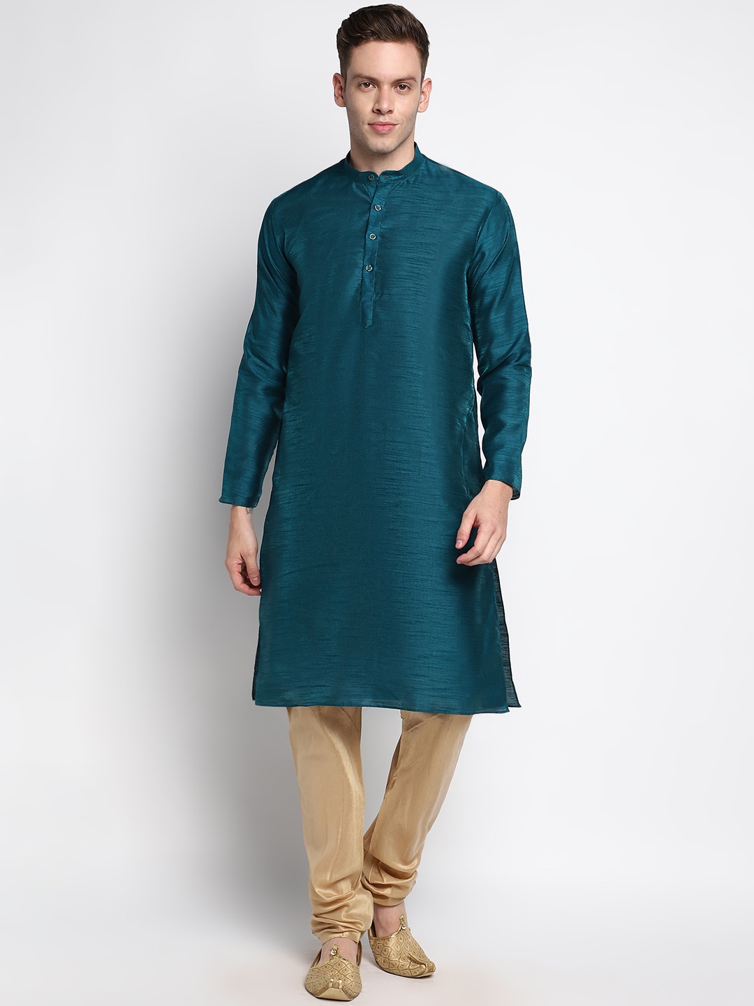 

DEVOILER Men Turquoise Green Solid Silk Kurta