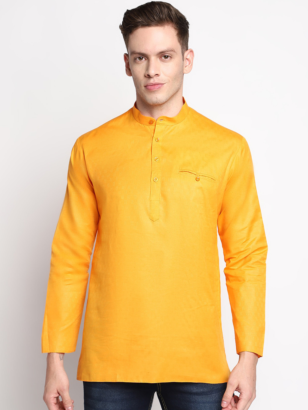 

DEVOILER Men Orange Self Design Cotton Short Kurta