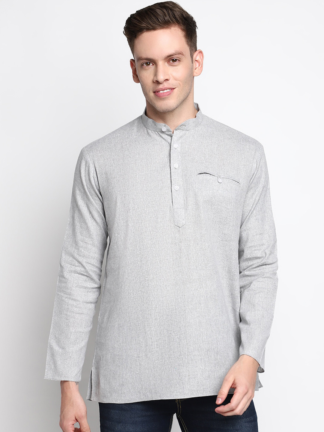 

DEVOILER Men Grey Cotton Short Kurta