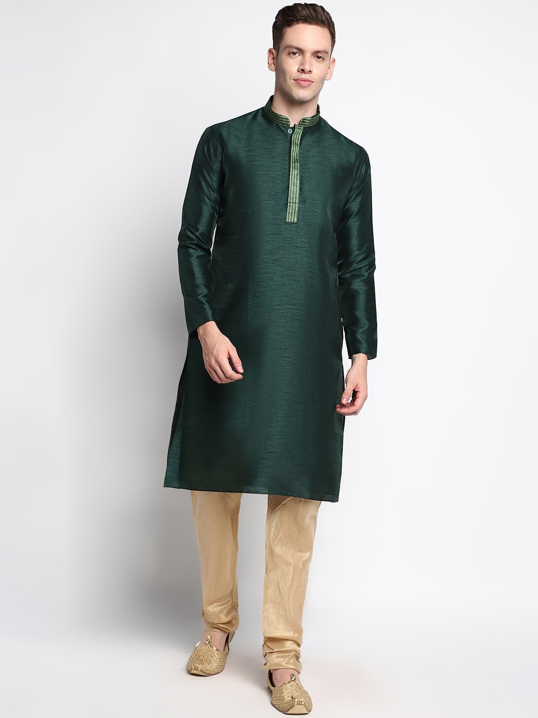 

DEVOILER Men Green Thread Work Silk Kurta
