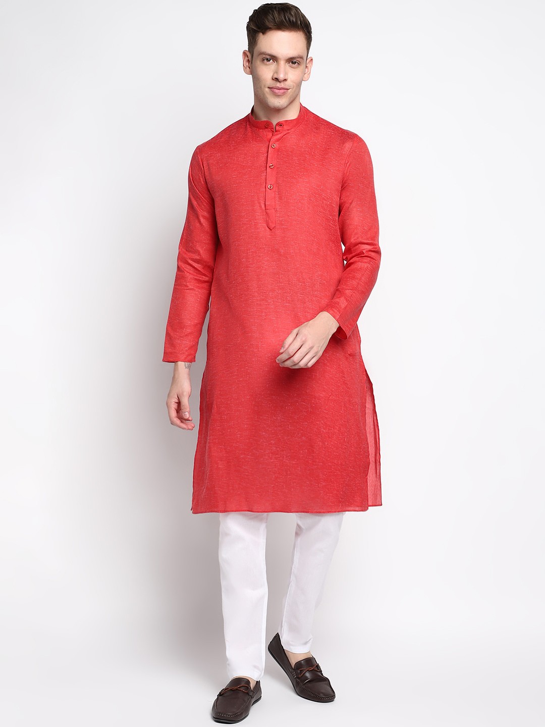 

DEVOILER Men Red Solid Cotton Kurta