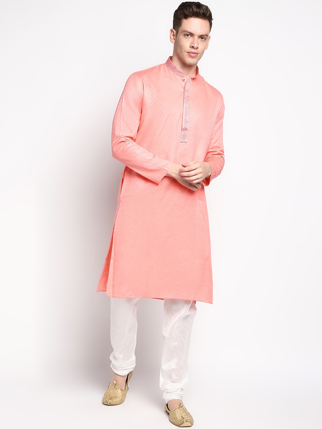 

DEVOILER Men Pink Self Design Cotton Kurta