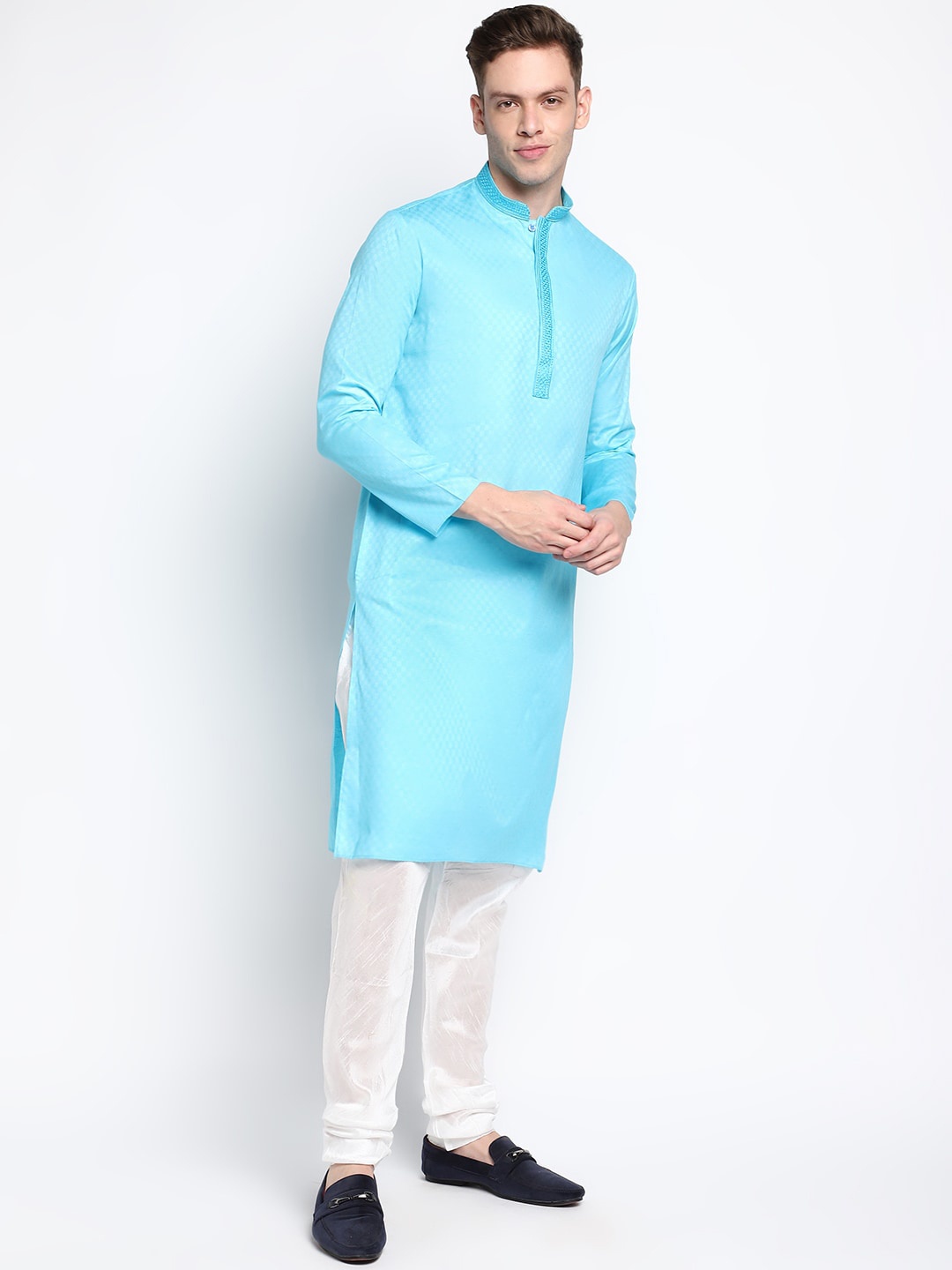 

DEVOILER Men Blue Geometric Self Design Cotton Kurta
