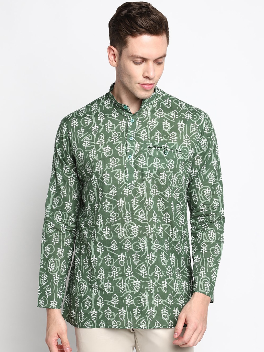 

DEVOILER Men Green Block Printed Cotton Short Kurta