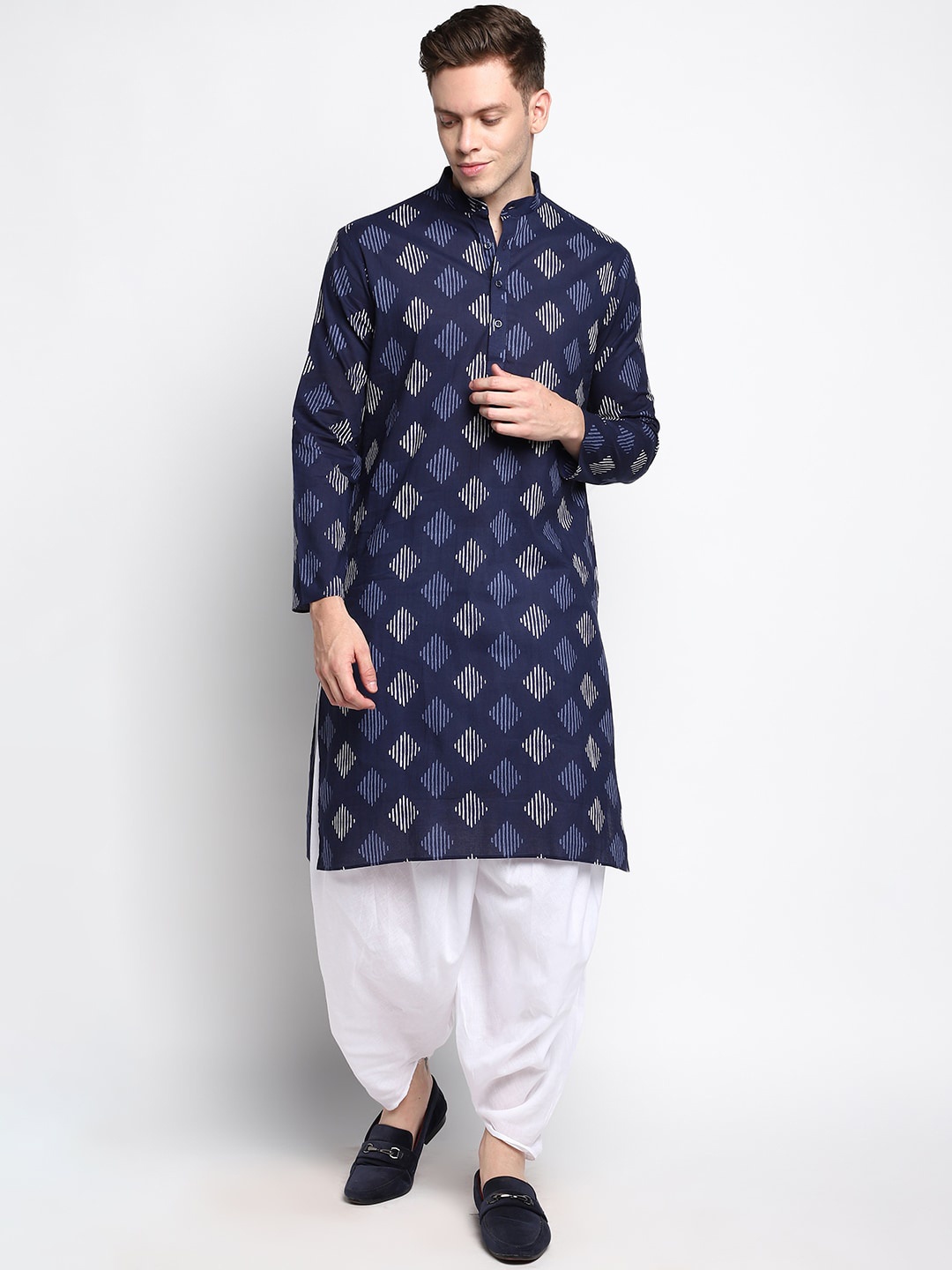 

DEVOILER Men Navy Blue & White Geometric Block Printed Cotton Kurta