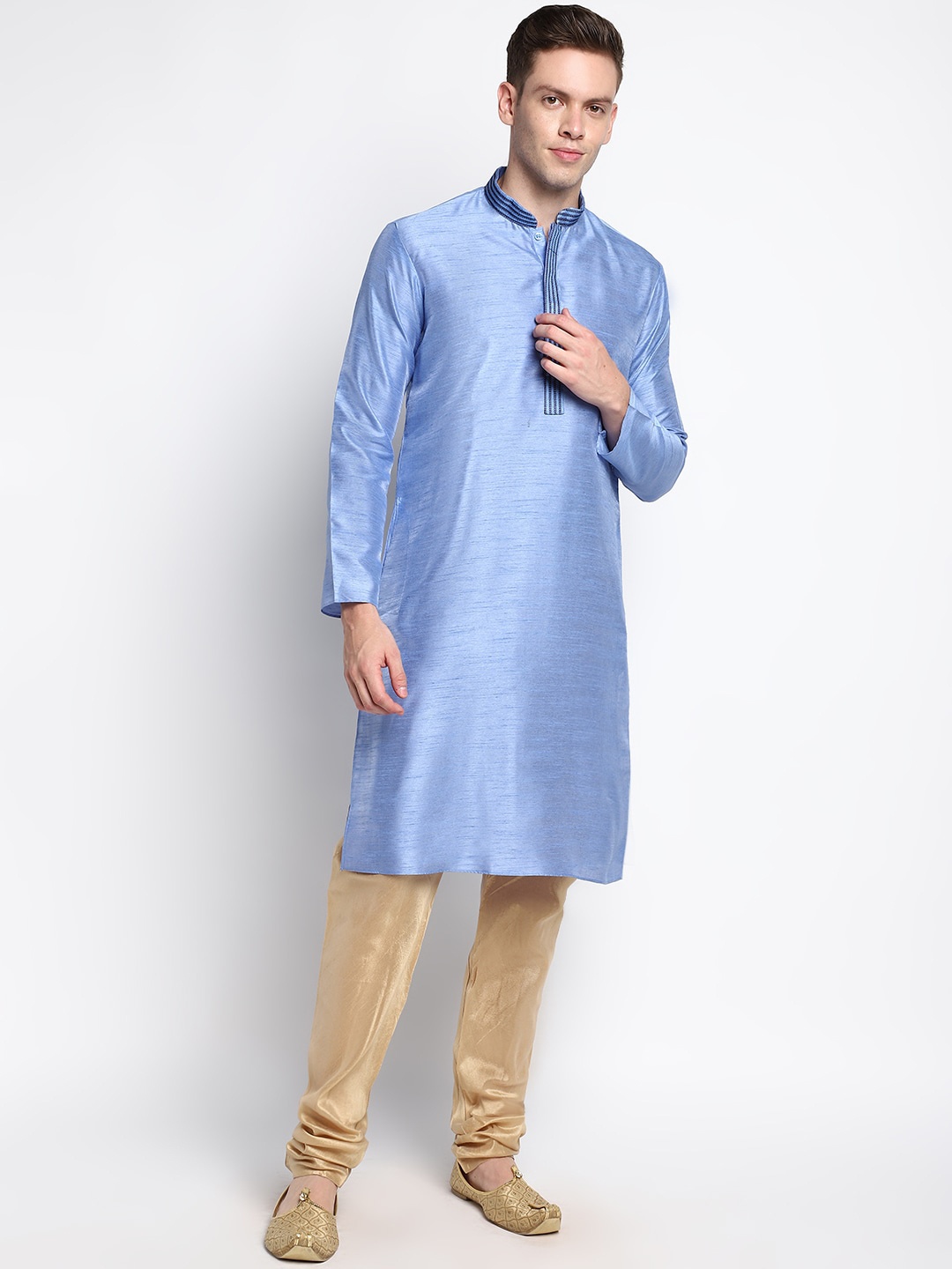 

DEVOILER Men Blue Solid Silk Kurta