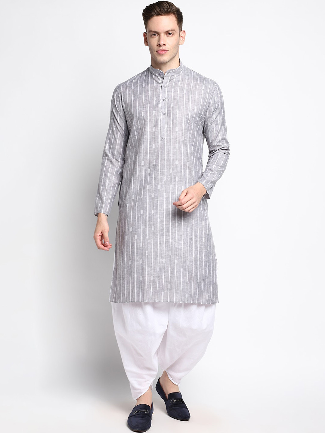 

DEVOILER Men Grey Striped Cotton Kurta