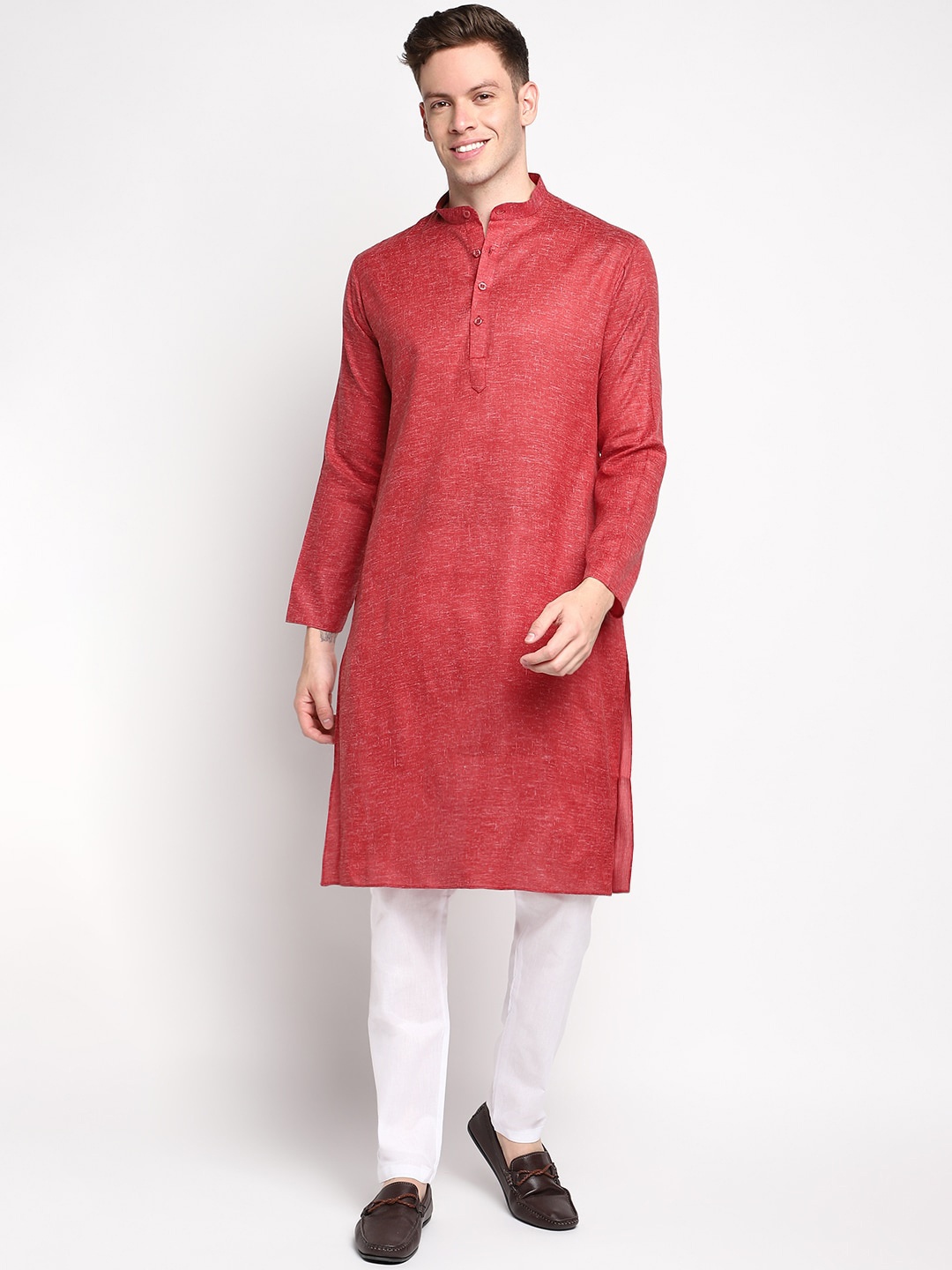 

DEVOILER Men Red Solid Cotton Kurta