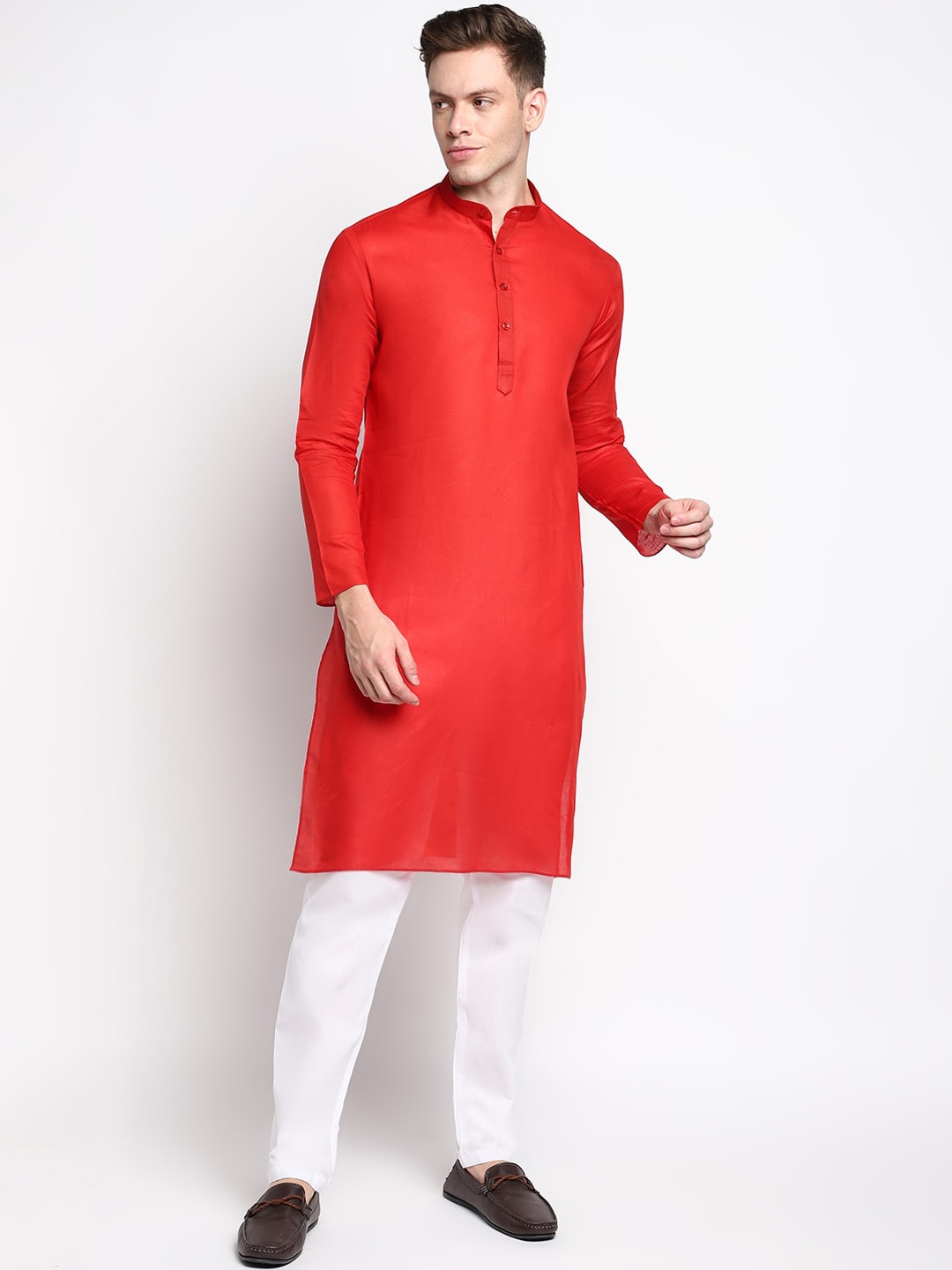 

DEVOILER Men Red Solid Cotton Kurta