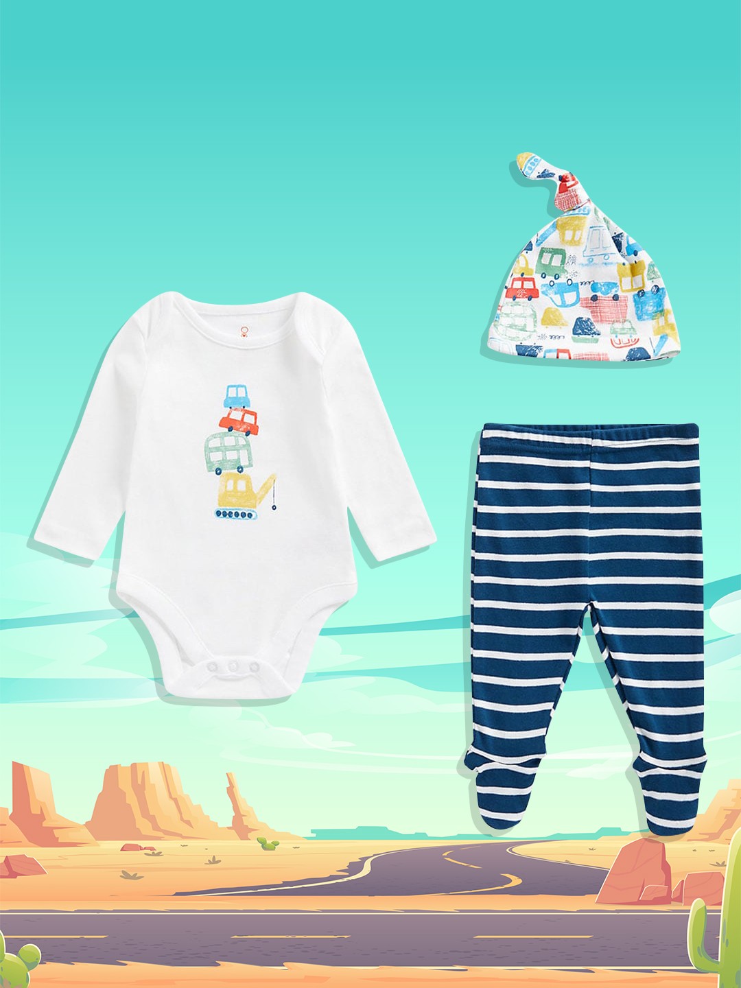 

mothercare Infant Boys White & Navy Blue Pure Cotton Bodysuit with Pyjama & Cap